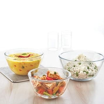 Borosil Glass Mixing & Serving Bowls, Oven & Microwave Safe Bowls, Set of 3 (500 ml, 900 ml, 1.3 L), Borosilicate Glass, Clear